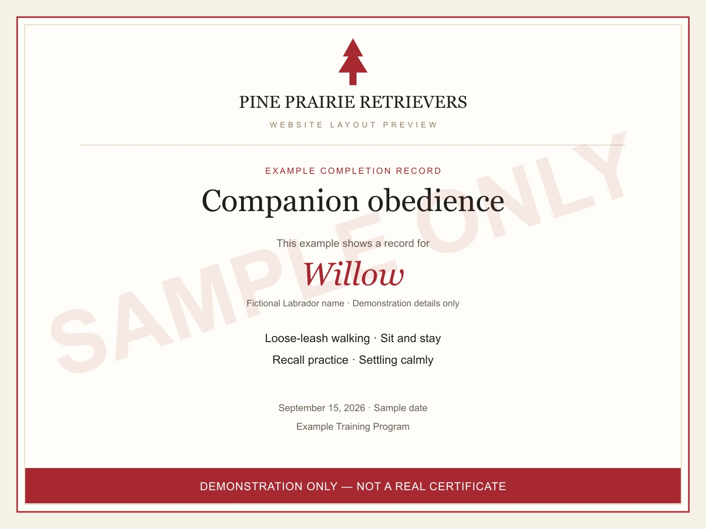 Sample companion obedience document for Willow, visibly marked demonstration only