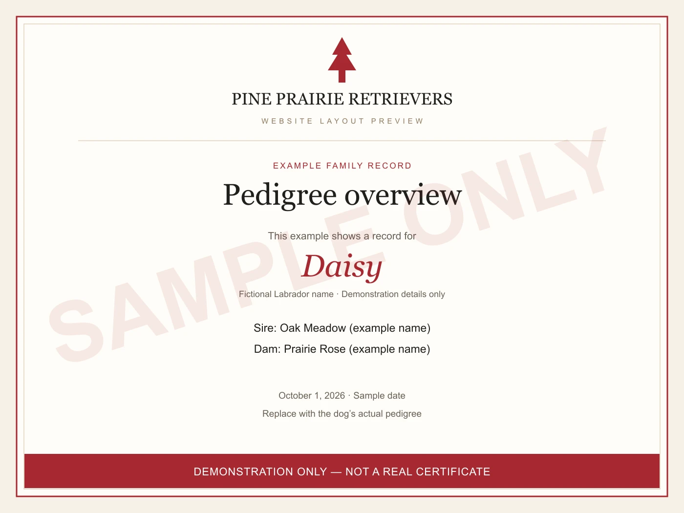 Sample pedigree overview document for Daisy, visibly marked demonstration only