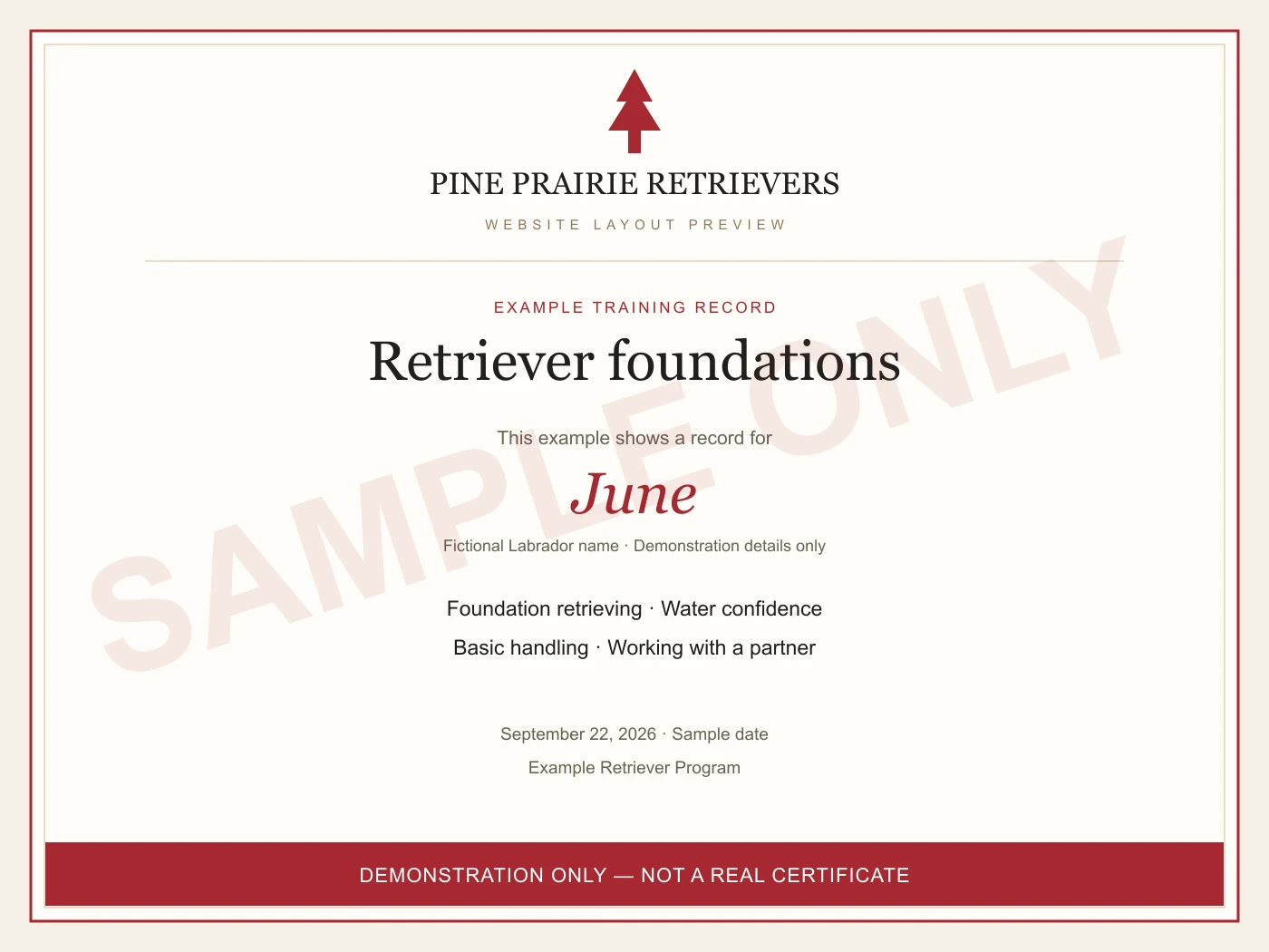 Sample retriever foundations document for June, visibly marked demonstration only